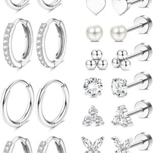 Jstyle Hypoallergenic 14K Gold Plated Stud Hoop Earrings for Women Men Surgical Stainless Steel Flat Back Earrings Small Huggie Hoops Cartilage Earring Set for Multiple Piercing Jewelry Gift for Women