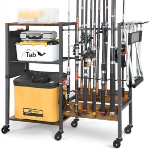 Olakee Fishing Rod Holders, Rolling Fishing Rod Rack for Garage & Boat, Tackle Box & Reel Holder Cart, Easy Assembly Fishing Gear Management System, Ideal Birthday Gift for Men Dad Anglers