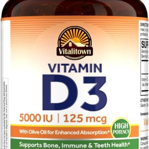 Vitalitown Vitamin D3 125 mcg (5000 IU) High Potency for Bone, Teeth, Heart and Immune Health Support, Olive Oil Based, Non-GMO and No Gluten, 90 Softgels