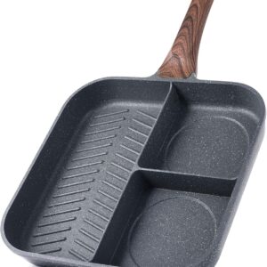 Sensarte Nonstick 11-Inch Square Grill Pan, 3-Section Versatile Breakfast Skillet, Die-cast Aluminum, PFOA, PFOS, APEO Free, Induction, Gas, Electric, Glass, Ceramic