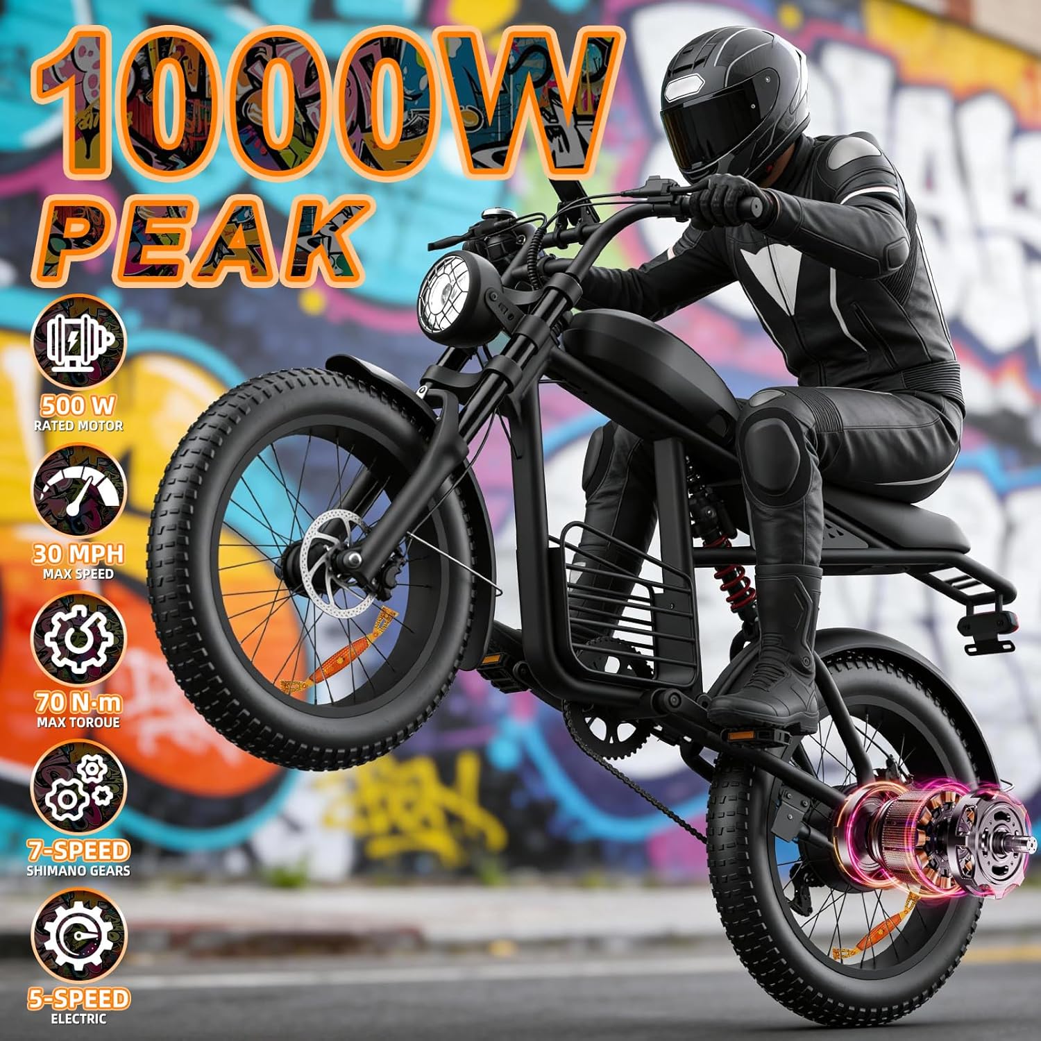 20" Electric Bike for Adults with 1000W/1600W/3000W Peak Dual Motor,Max Speed 33-37MPH,Up to 60Miles,Moped ebikes with 20/35Ah Battery,Shipped from USA Warehouse - Image 2