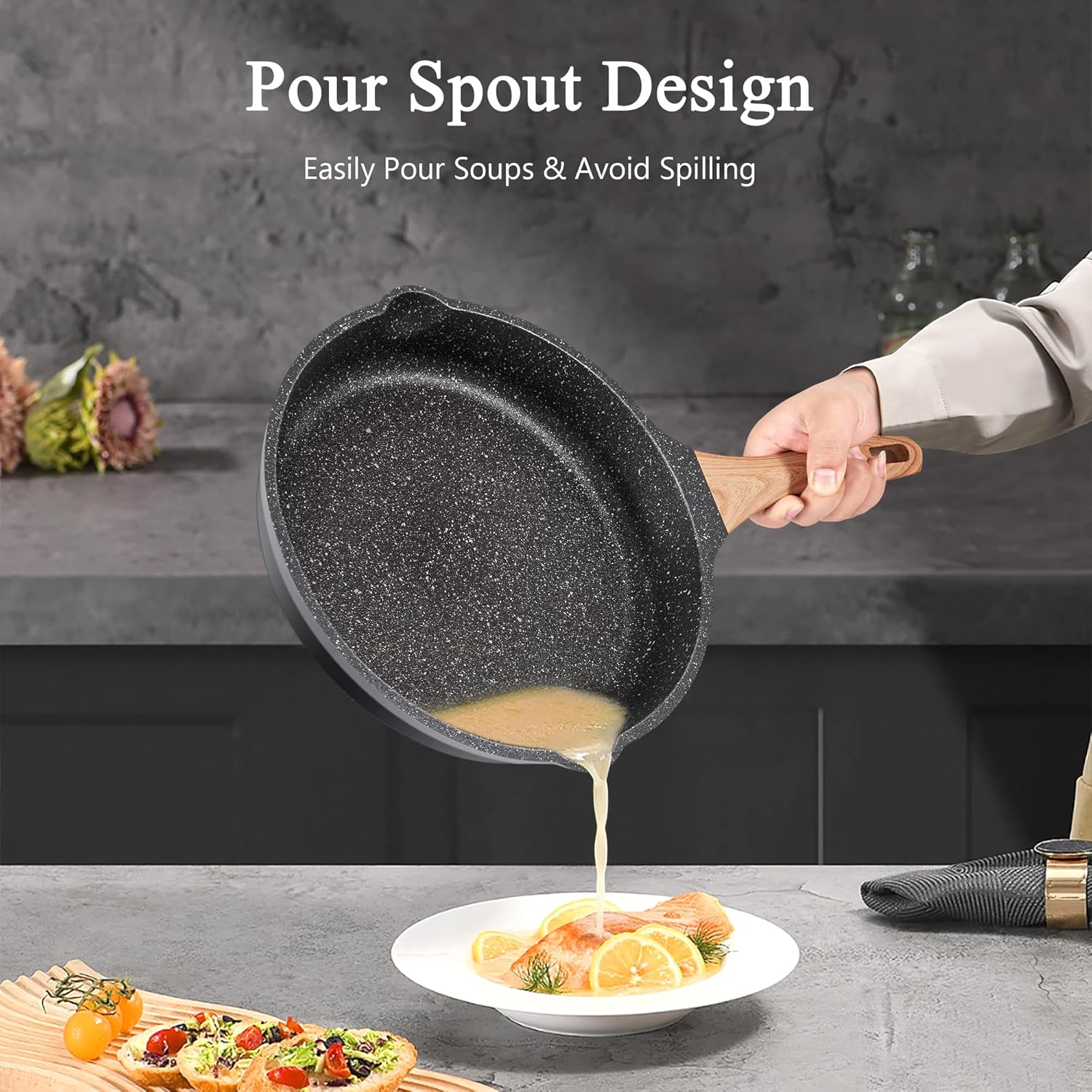 Non Stick Frying Pan Set - YIIFEEO Granite Skillet Set with 100% PFOA & PTFE Free, Induction Egg Omelette Pans for Cooking Pan Set, Cookware Set Nonstick Pots and Pans Set Gift for Women - Image 4