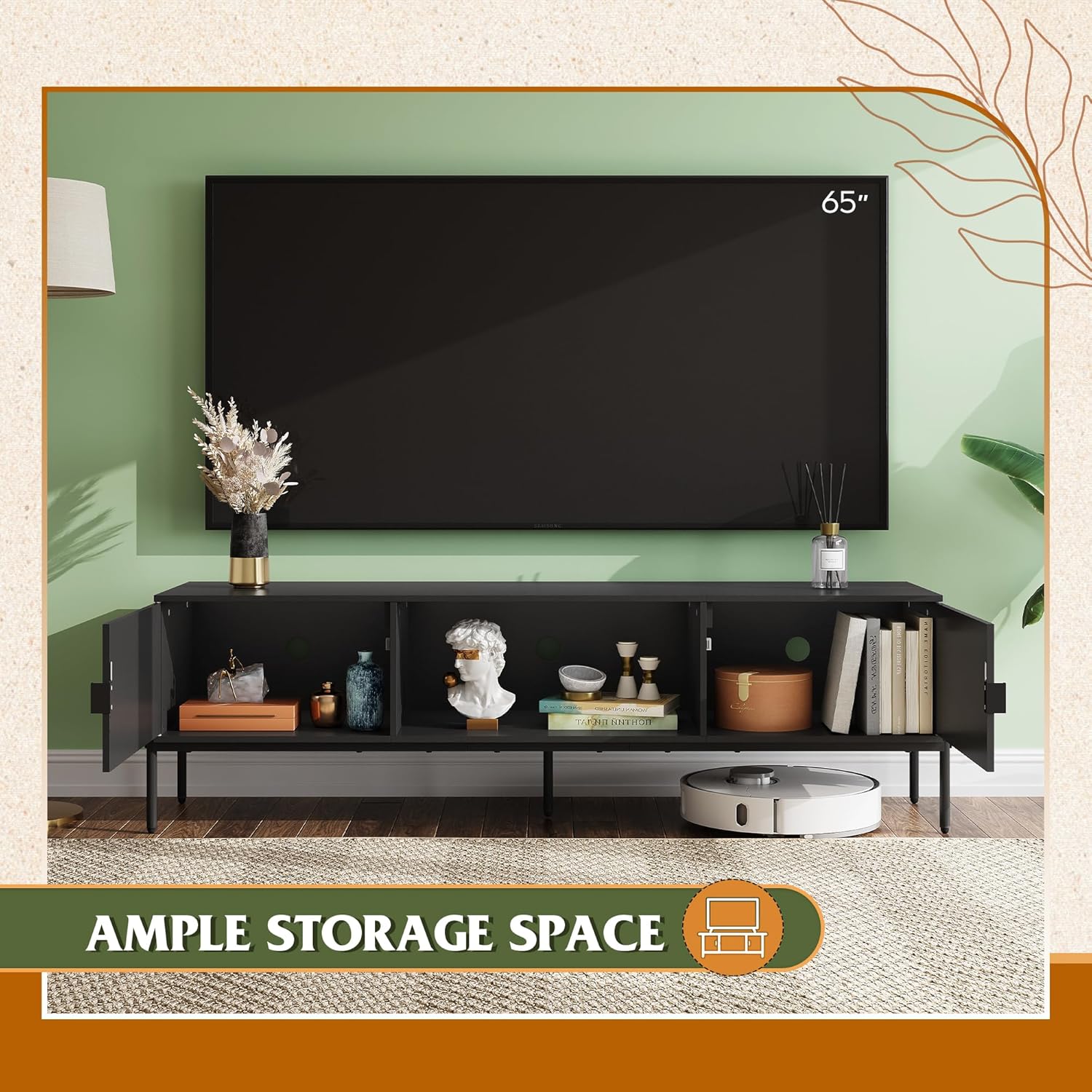 WLIVE TV Stand for 65 Inch TV, Mid Century Modern Entainment Center with 2 Storage Cabinets & Open Shelf, TV Console Table Media with Metal Legs for Living Room, Bedroom, Black - Image 6