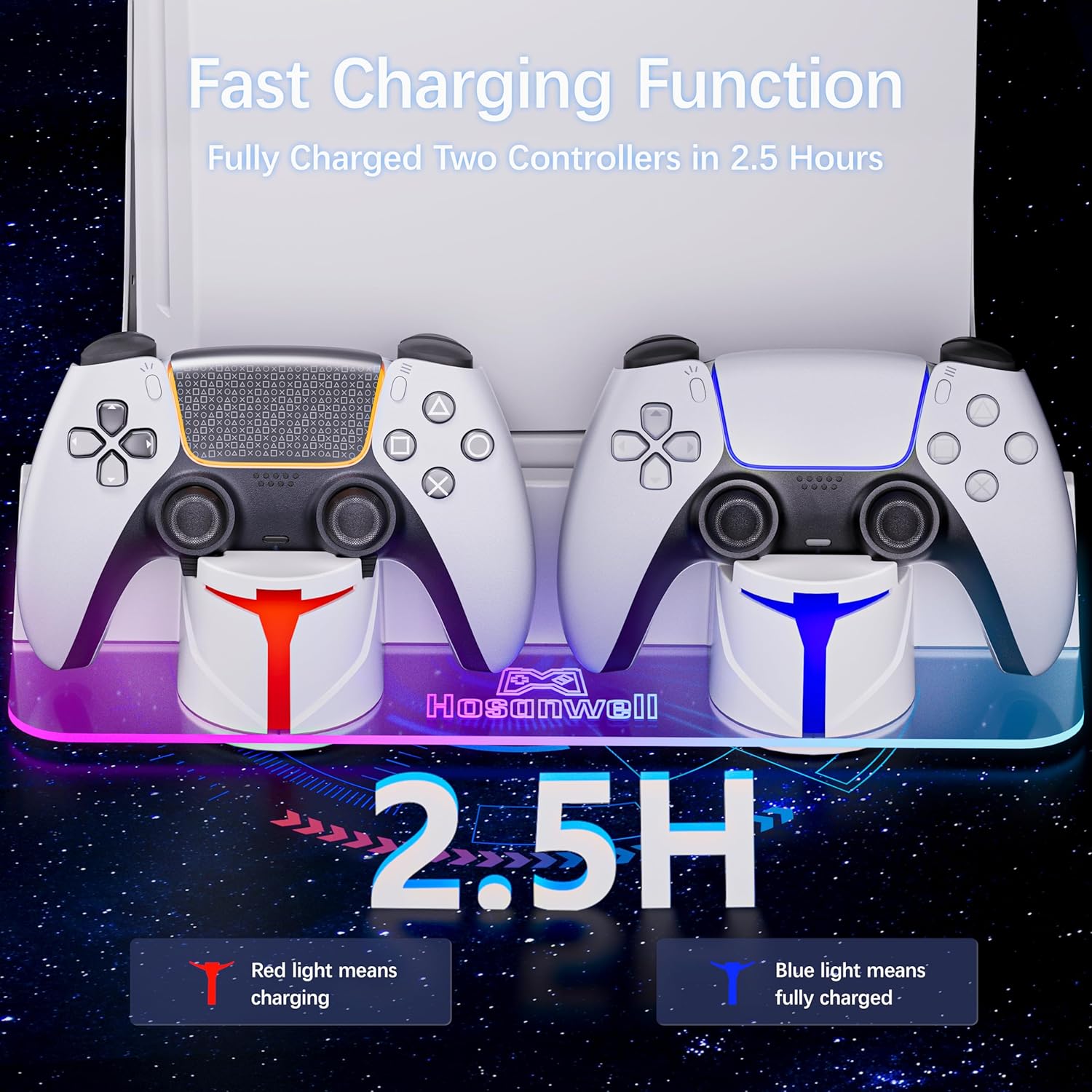 Hosanwell PS5 Wall Mount Kit with Charging Station, Compatible with PlayStation 5/Slim/Pro Disc & Digital Version, Dual Use Charging Station with Multi-Mode RGB Light, White - Image 2