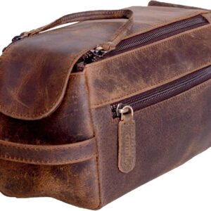 KomalC Premium Buffalo Leather Toiletry Bag for Men & Women With Water resistant Lining, Grooming Travel Pouch, Unisex Wash Bag for Toiletries, Gifts for Men and Women