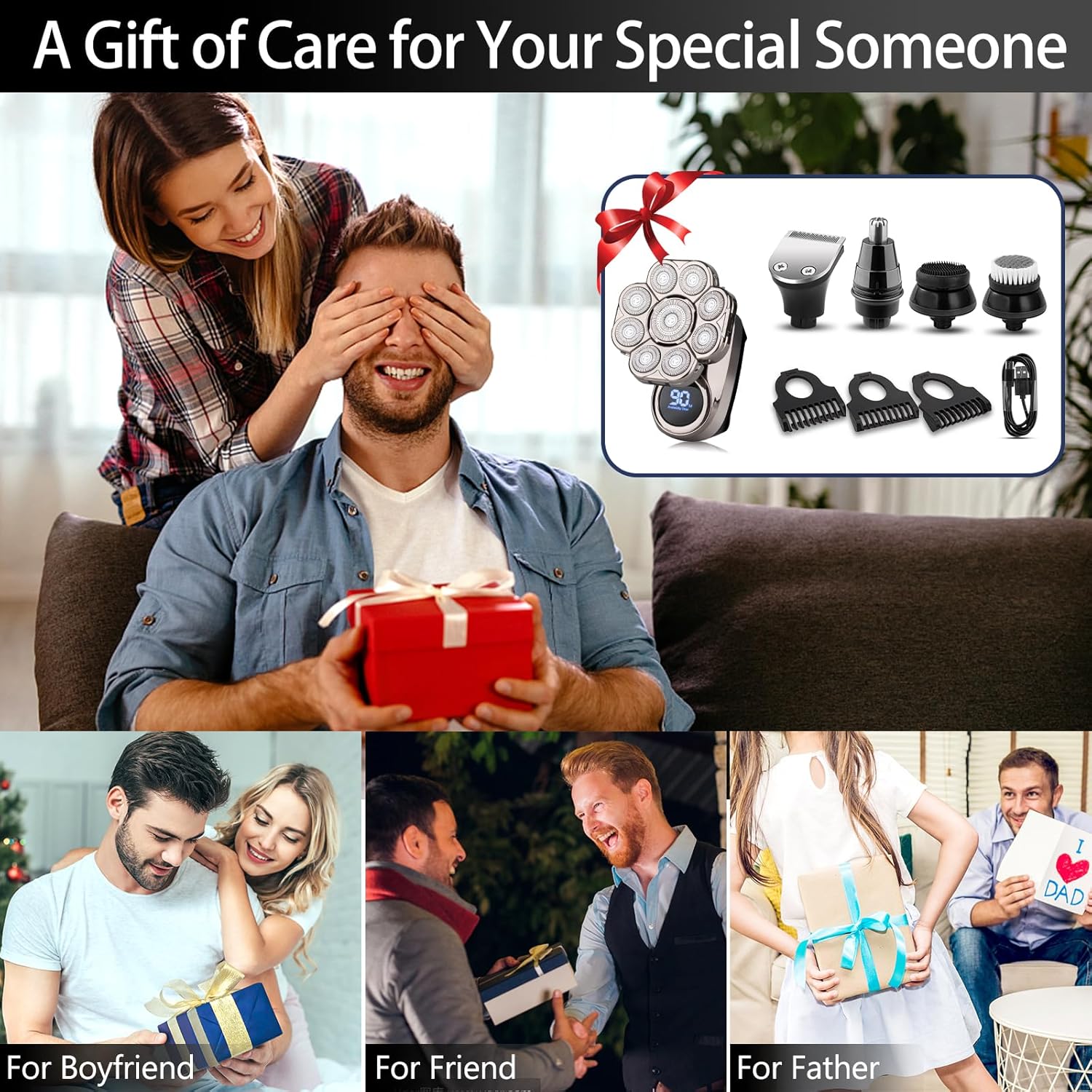 9D Electric Head Shaver for Bald Men, Upgraded 5-in-1 Head Shaver for Bald Men, Waterproof Wet/Dry Grooming Kit Electric Shaver for Men, Cordless Rechargeable Bald Head Razor for Home&Travel - Image 7