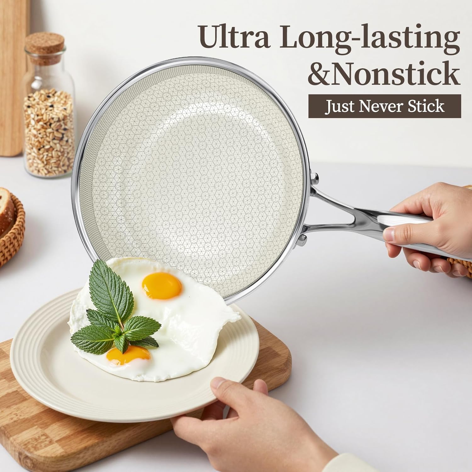 Non Stick Frying Pan Set with Lid, 8/10/12 Inch Ceramic Tri-ply Hybird Stainless Steel Cookware Sets, No Toxic Nonstick Skillet Set W/Lid Induction Cooking Pan Set of 3, Oven Safe, PFAS&PTFE&PFOA Free - Image 3