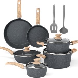 DishDelight Induction Pots and Pans Set, 12 Piece Nonstick Cookware, Granite Cooking Set with Frying Pans, Gray