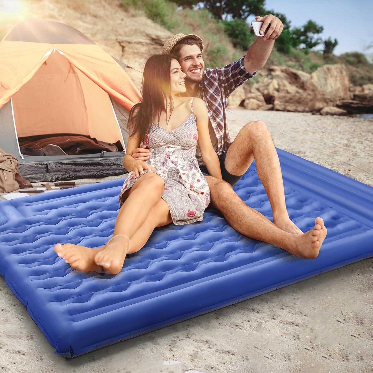Double Sleeping Pad Camping, Self Inflating 6'' Extra-Thick 2 Person Pillow Built-in Foot Pump Waterproof Inflatable Sleeping Mat Backpacking, Tent, Hiking, Portable Camping Pad (Navy Grey) - Image 8