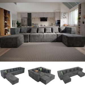 Modular Sectional Cloud Couch for Living Room – 130” 6 Seater Convertible Chenille Couches Set with Ottoman, No Assembly Compression Sofas, Comfy Floor Sofa with Memory Foam, Dark Grey