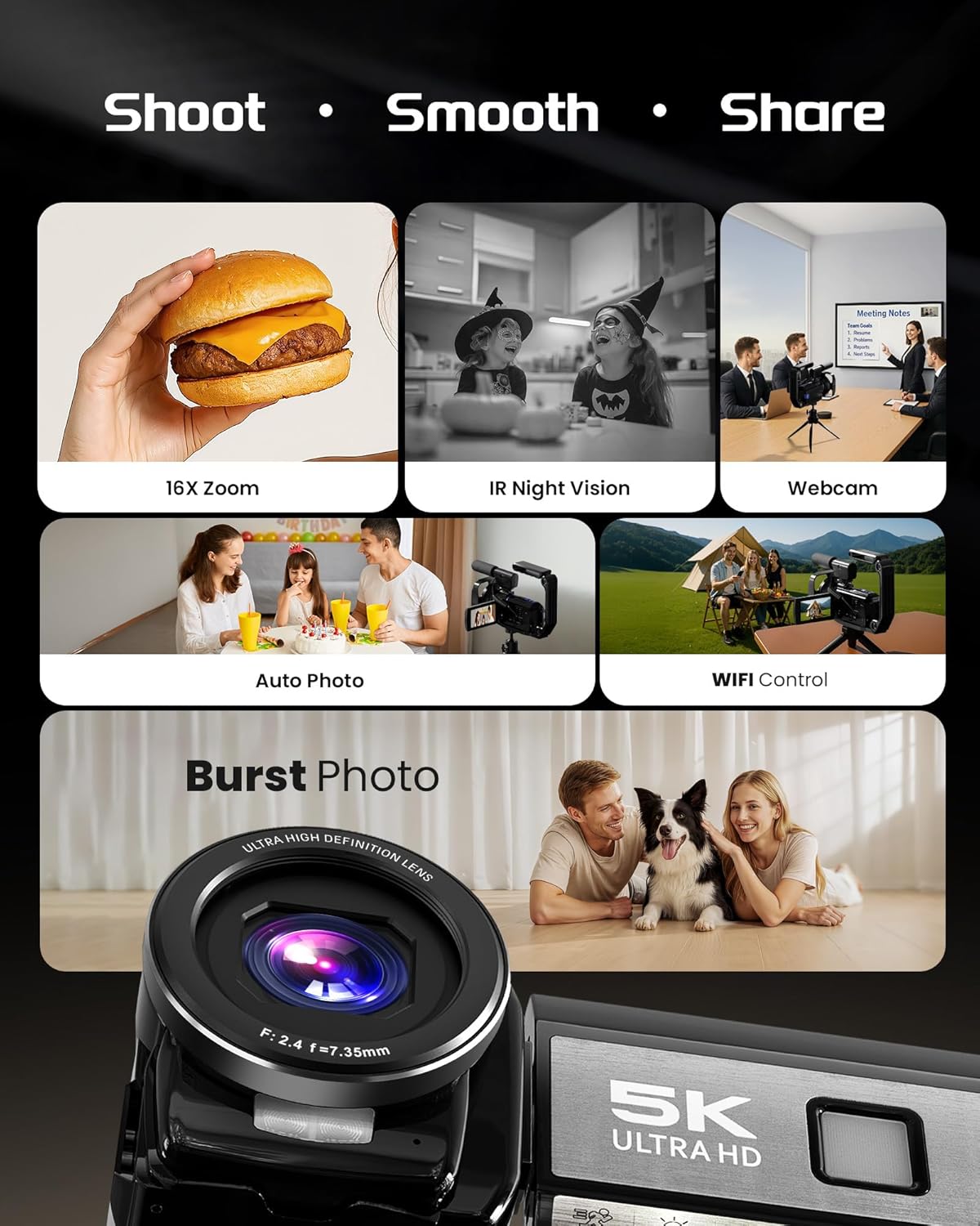 5K Video Camera Camcorder, UHD 64MP Vlogging Camera for YouTube with 3" 270° Rotatable Touch Screen, Digital Camera with IR Night Vision, 16X Zoom/WiFi/Webcam/HD/32GB Card/2 Batteries/Microphone - Image 8