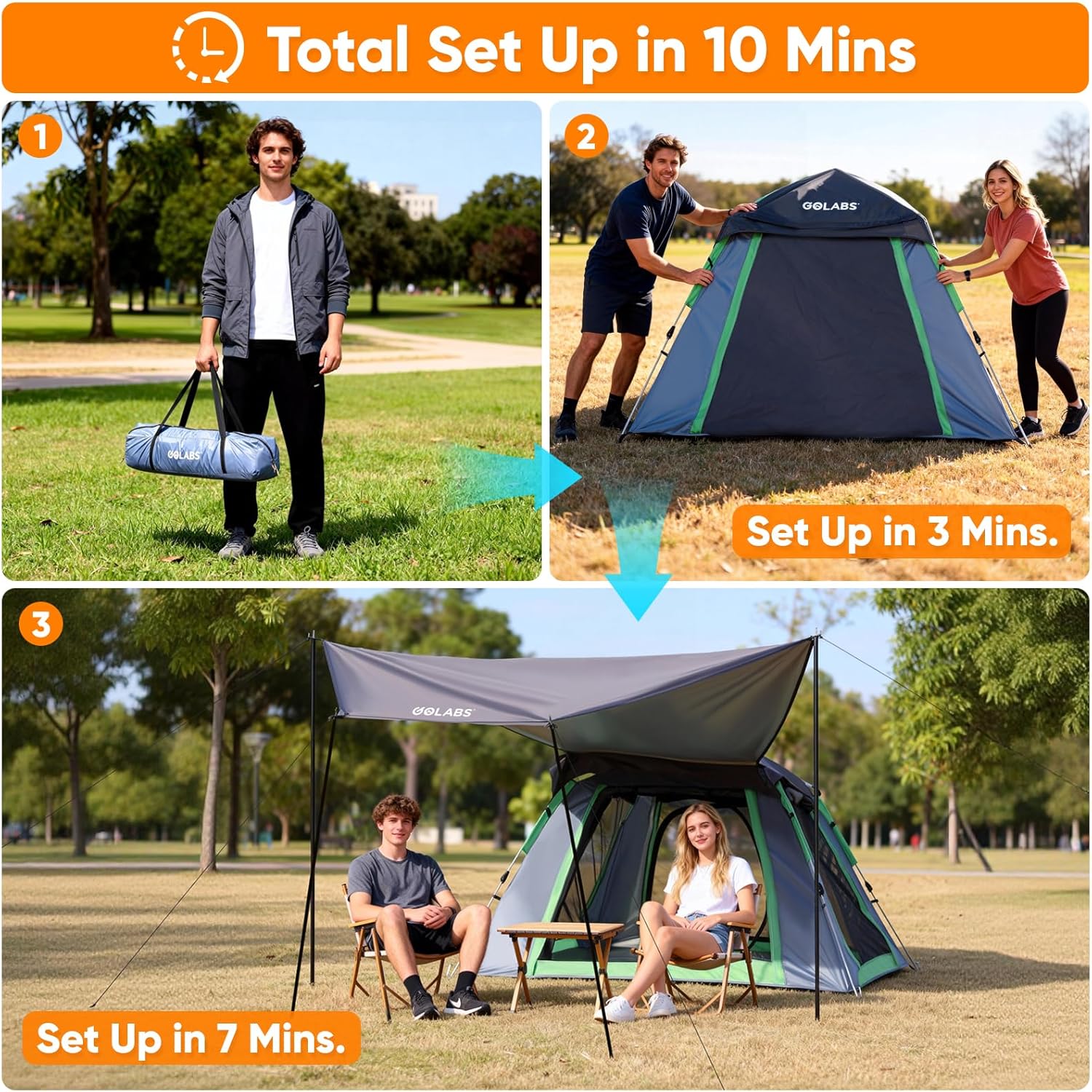 Golabs 2-3 Person Camping Tent w/ 9.5x8.5 ft Canopy, 3-Minute Setup by Pre-Attached Pole, PU1500mm Waterproof, 4 Side Mesh Tent Top & Door & Ventilation, Portable Family Tent w/Carry Bag&Pocket &Hook - Image 3