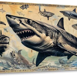 JEAWA Wall Art for Living Room, Vintage Dollar Background Cool Shark Marine Life Wall Painting Canvas Print Posters Ready to Hang Bedroom Bathroom Game Teenage Boy Room Home Decor 20×40 IN