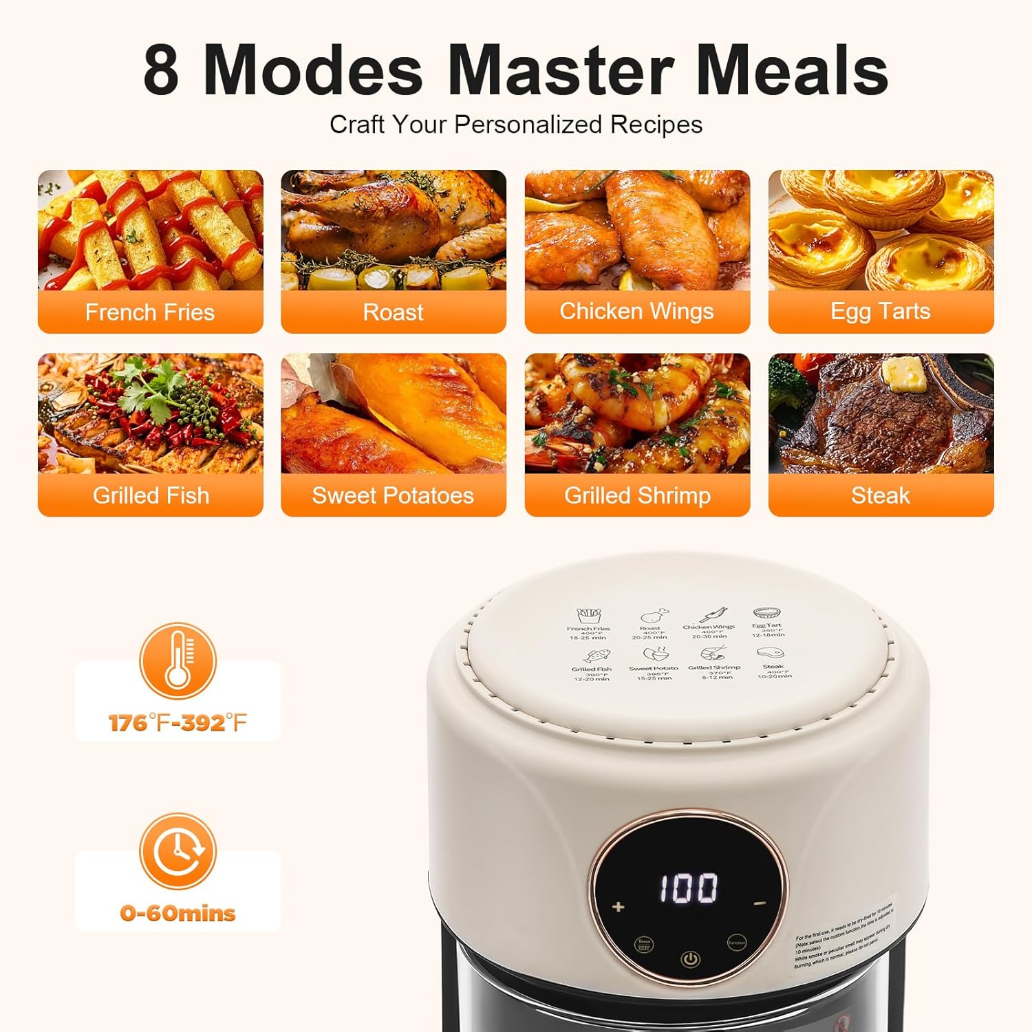 4.4 Qt Air Fryer 1200W Glass Air Fryer, 8-in-1 Functions, 360° Viewable, Digital Display, Adjustable Temperature 176°F to 392°F, 60-Minute Timer, Dishwasher Safe, Nonstick Basket (White) - Image 3