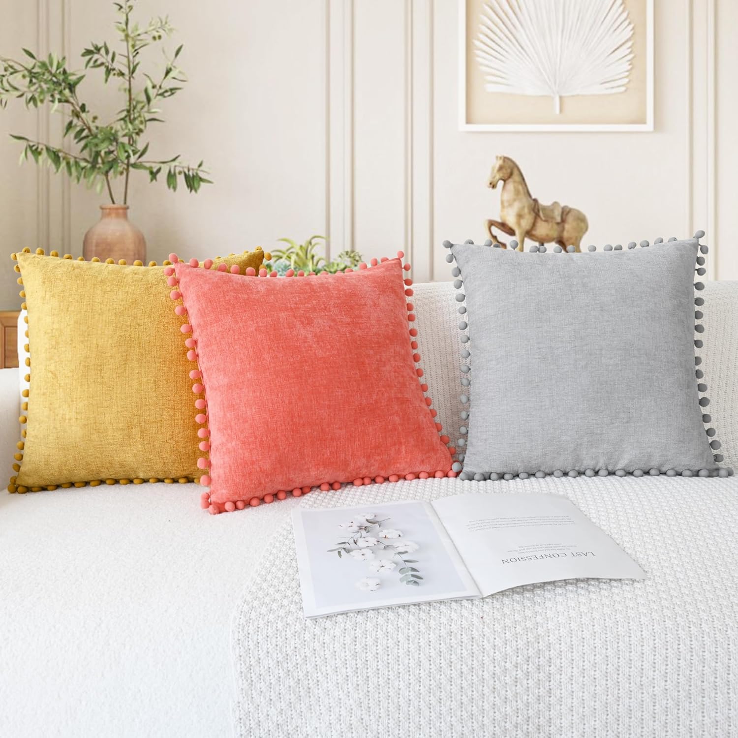 CaliTime Throw Pillow Covers Decorative 20 X 12 Inches Pack of 2 Cozy Solid Dyed Soft Chenille Cushion Cases with Pom Poms for Couch Sofa Bed Living Room Home Gold - Image 5