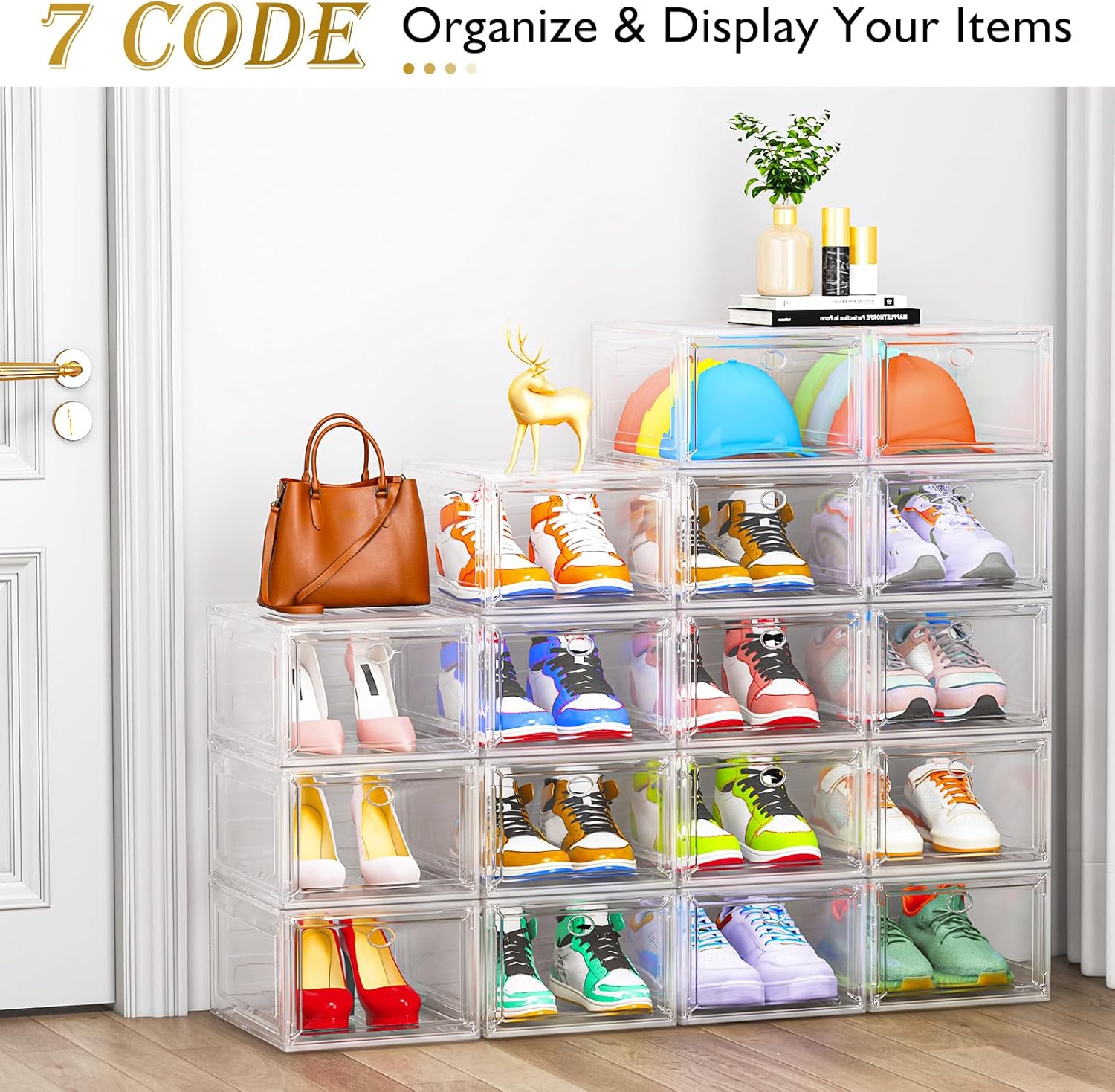 7 code Large Clear Shoe Boxes Organizer【Thicker Material】 Stronger Shoe Box with Magnetic Door, Stackable Shoe Storage Box for Closet, Foldable Space-Saving Storage Bins Shoe Cabinet, White 9 Pack - Image 4