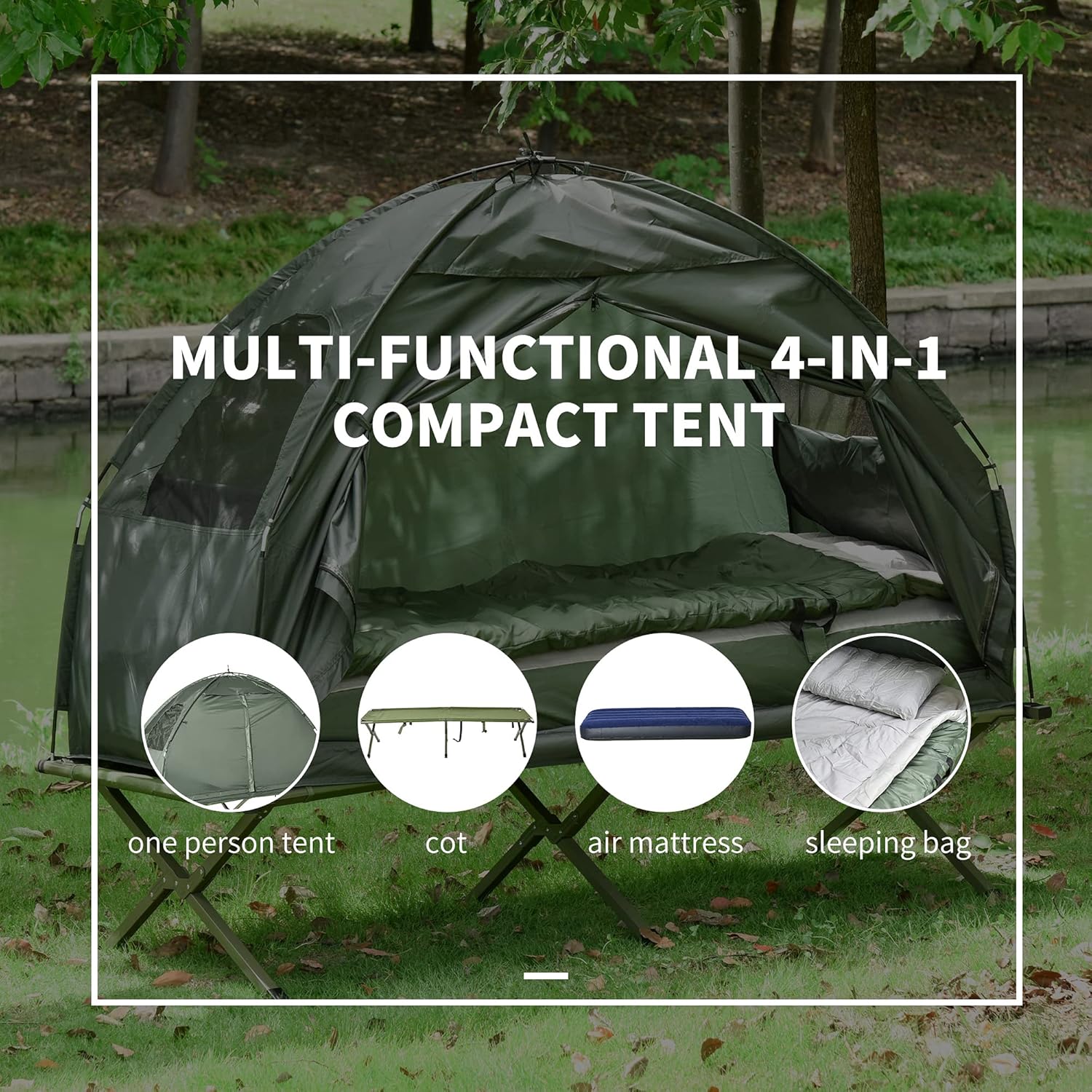2 Person Foldable Camping Cot with Tent, Bedspread and Thick Air Mattress, 4-in-1 Elevated Camping Bed Tent for Outdoor Hiking, Picnic, Travel - Image 4