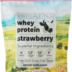 Santa Cruz Paleo Whey Protein Powder, Strawberry, 20g Grass Fed Whey Protein Isolate Per Serving, Gluten Free, Keto, Sugar Free, Paleo, Natural, Post Workout Muscle Support, 20 Servings, 1.2lb Bag