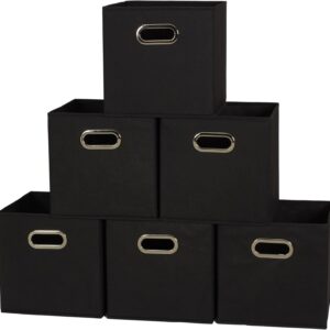 Household Essentials Foldable Fabric Storage Bins 6 Piece Set, Strong Poly-Woven Fabric, Sturdy Chipboard Sides, Grommet Front Handle, Stackable and Foldable, Classic Design, Black