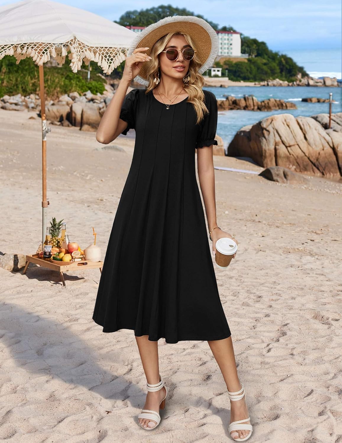 Zeagoo Womens Summer Dress Casual Midi Dresses 2026 Short Puff Sleeve Flare Dress Pleated Flowy Sundress with Pockets - Image 3