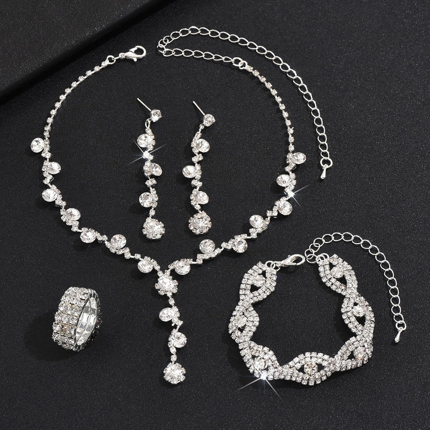 5 Pcs Purse Rhinestone Jewelry Set, RhinestoneClutch Purse Bride Prom Evening Rhinestone Jewelry Set Bling Necklace Earrings Bracelets Set for Wedding, Gold/Silver - Image 3