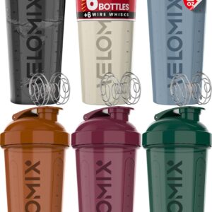 VELOMIX -6 PACK- 28 oz Protein Shaker Bottle for Protein Mixes – 6x Wire Whisk | Leak Proof Shaker Cups for Protein Shakes | Protein Shaker Bottle Pack | Protein Shake Cup (Earth Tones Collection)