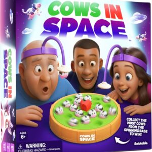 Cows In Space By Relatable, The Kid-Friendly Extraterrestrial Game, Fun Games And 2 Player Games, Great For Space Games, Includes 2 UFO Headbands, 1 Electronic Spinning Base, 21 Cows, and Instructions