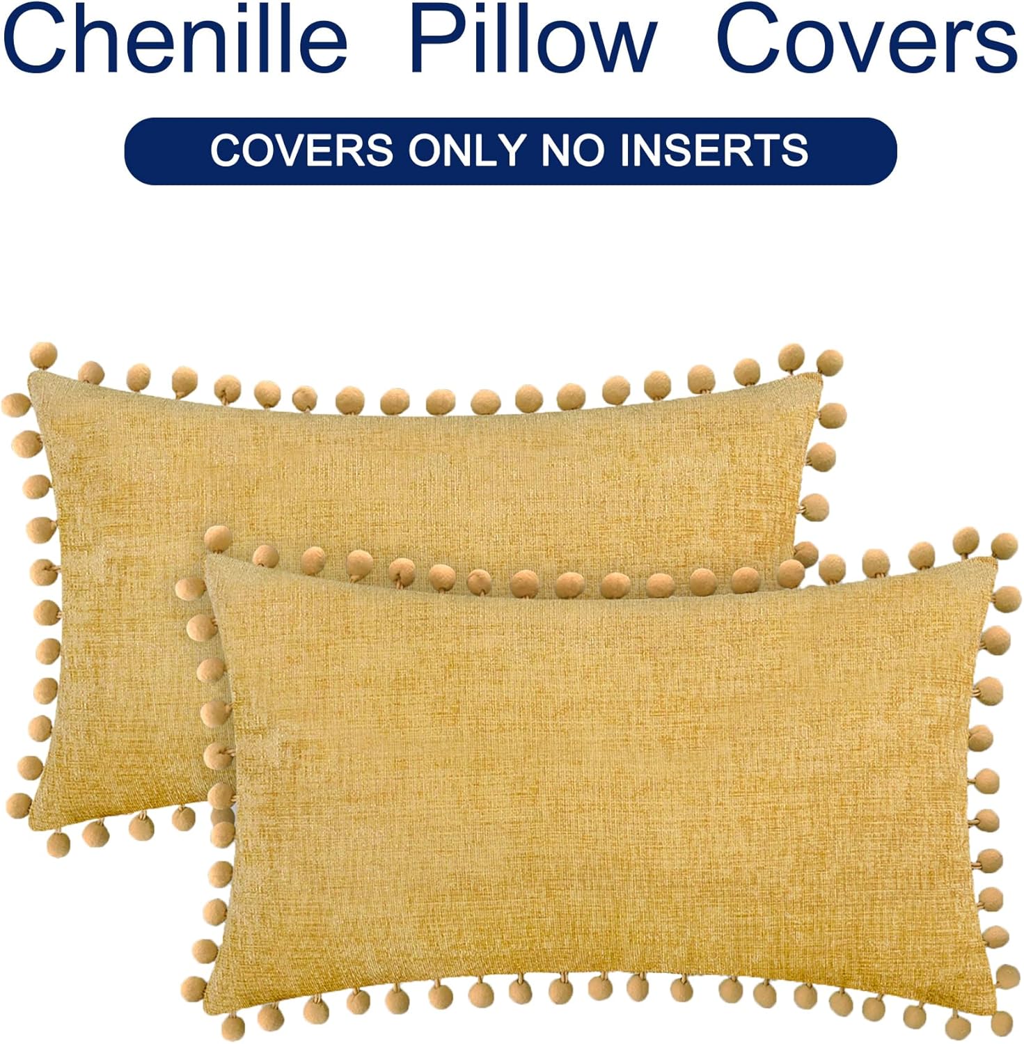 CaliTime Throw Pillow Covers Decorative 20 X 12 Inches Pack of 2 Cozy Solid Dyed Soft Chenille Cushion Cases with Pom Poms for Couch Sofa Bed Living Room Home Gold - Image 6