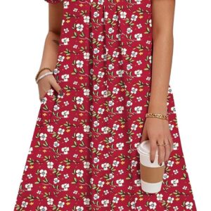 Zeagoo Summer Dress for Women Casual Floral Midi Sundress with Pockets V Neck Pleated Short Sleeve Aline Beach Vacation Dress
