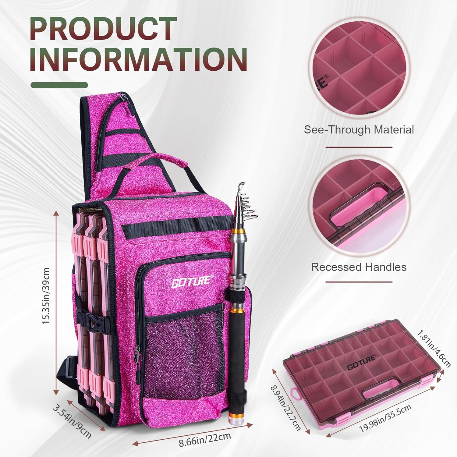 Goture OpenSide Fishing Sling Tackle Storage Bag with 3 3700 Tackle Boxes,Lures & Fishing Tools, Lightweight Fishing Backpack Storage for Fishing Gear-Shimmering Pink Bag, Gift for Women - Image 3