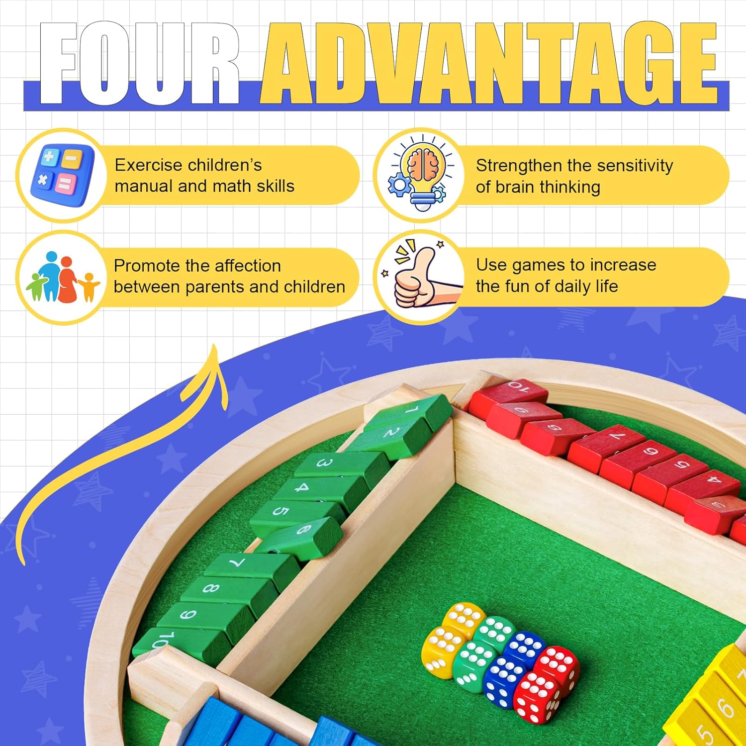 Shut The Box Dice Game,2-4 Player Family Wooden Board Table Math Games, 8 Dices Classics Tabletop Version Games for Classroom,Home,Party or Pub - Image 4