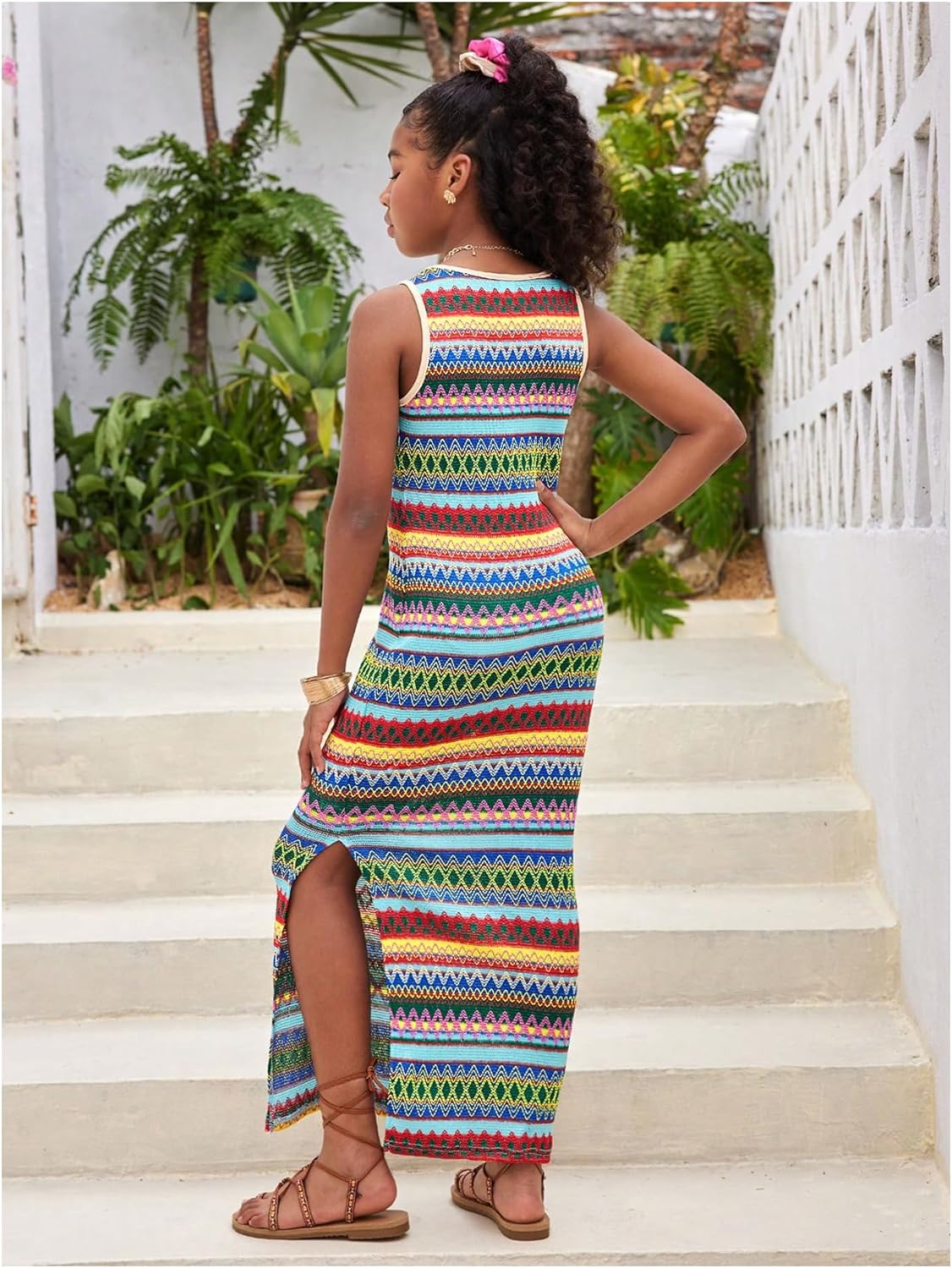 Girl's Summer Boho Striped Sleeveless Tank Dress - Square Neck Split Thigh Long Maxi - Image 2