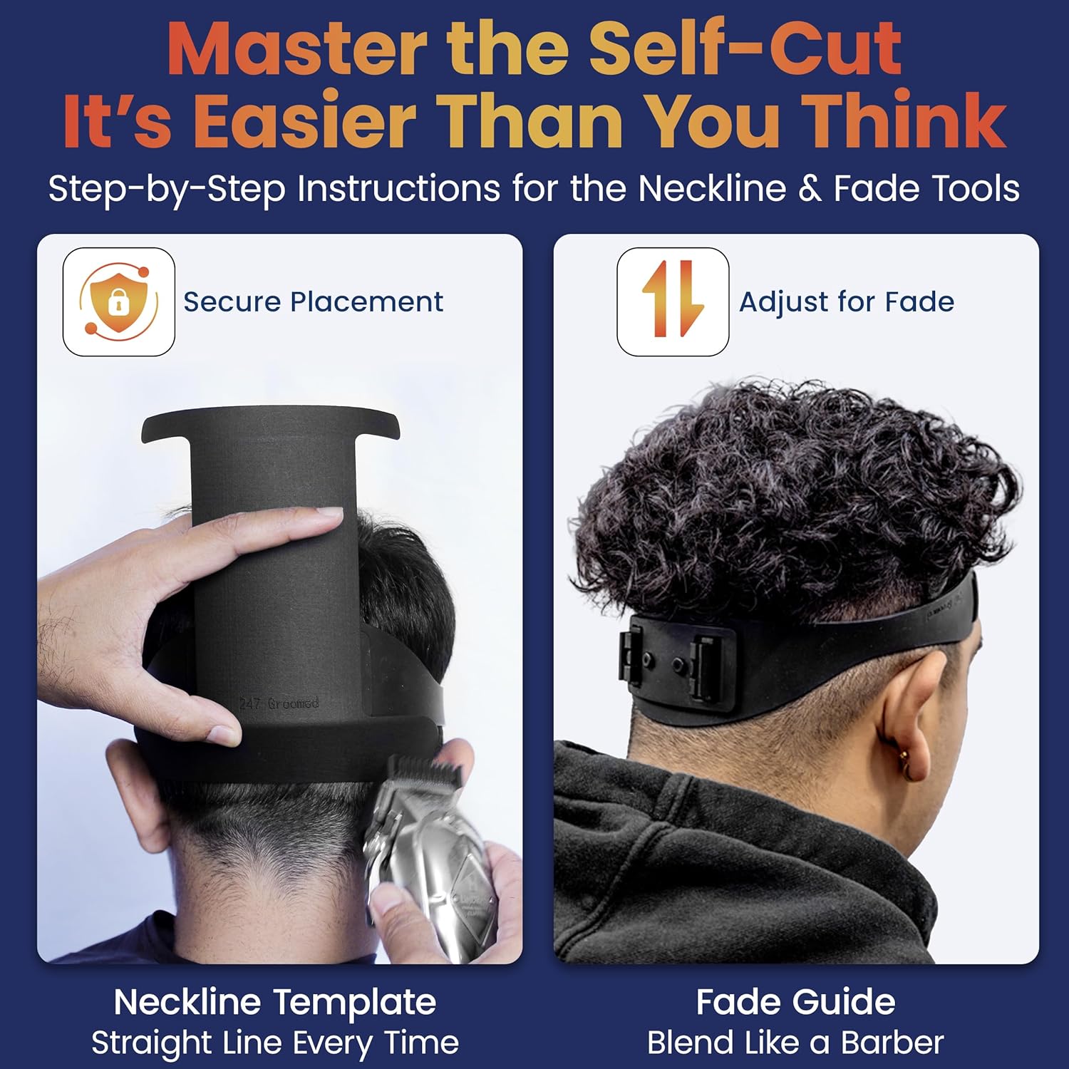 Self Haircut Kit for Men | 2Pcs SelfCut Guide for Men: Neckline Shaving Template & Fade Guide | Adjustable Size Hair Fade Tool & Stable Neck Line Up Tool | Hair Cut for Kids & Seniors - Image 2
