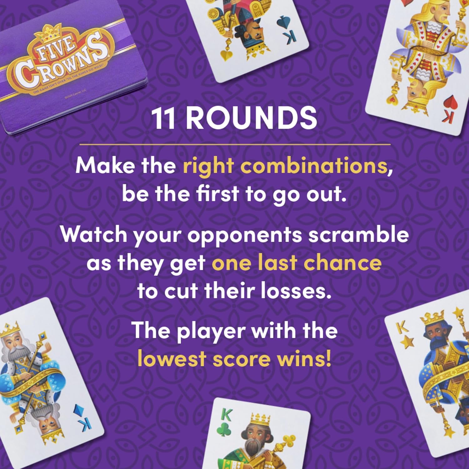 PlayMonster Five Crowns Collectible Tin – Card Game for Kids and Adults, Family Game Night, The Game isn’t Over Until the Kings Go Wild!, 5 Suited Rummy Style Card Game, 1-7 Players, Ages 8+ - Image 4