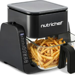 NutriChef 4 QT Air Fryer & Grill | 7-1 Preset Cook Modes | Transparent Fry Bowl for Best Cooking Results | Cook Shrimp, Steak, Fries, Wings & More | 4 QT Glass Air Fryer & 1.2 QT Grill | Black