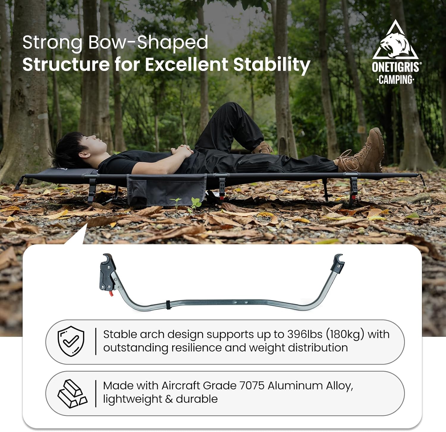 ONETIGRIS SUPRAGRIS Camping Cot, Support Up to 400lbs, Lightweight Comfortable Folding Bed for Camping, Hiking, Backpacking, Travel, Car Trips, Office Nap (Gray) - Image 5