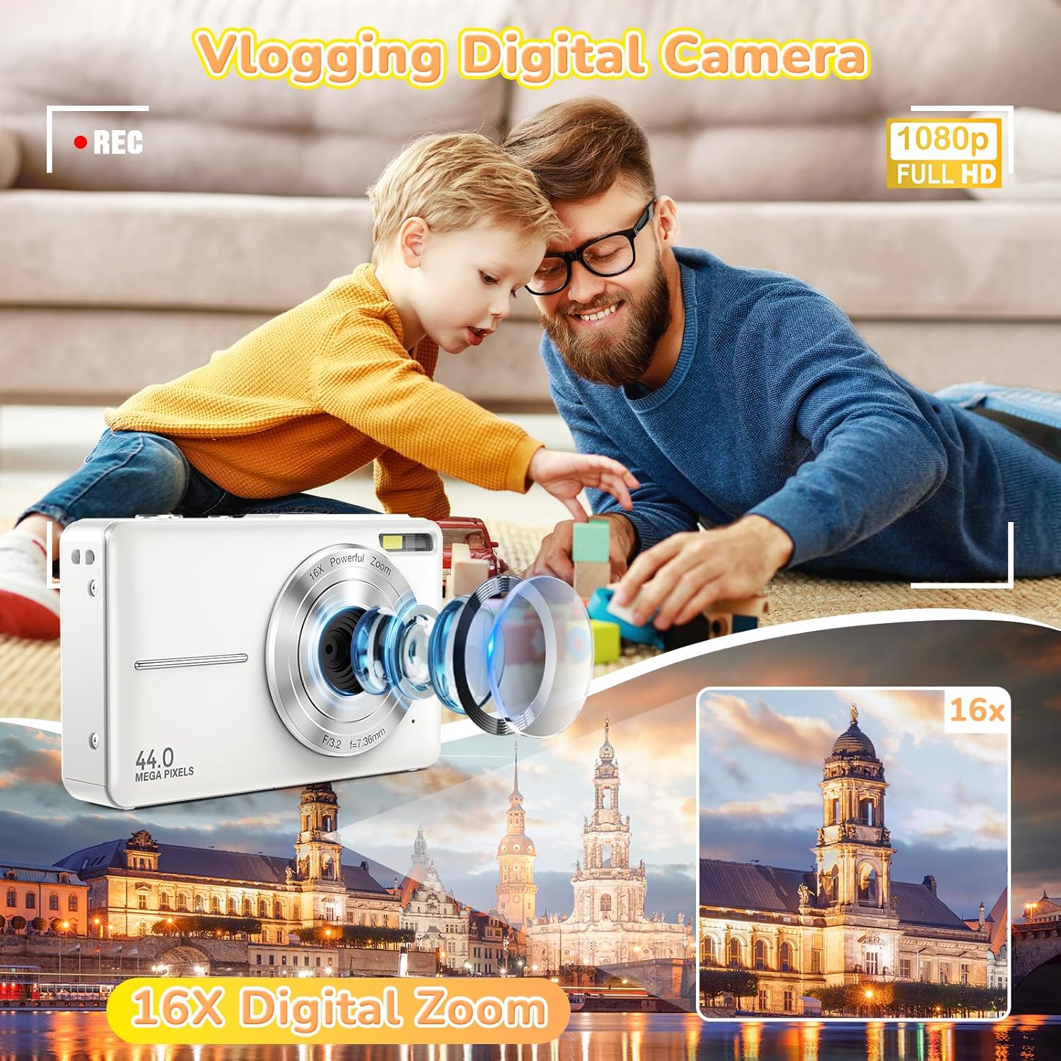 Digital Camera, Jukanur Upgraded Camera for Kids with 32GB Card, 16X Zoom, Point and Shoot Digital Camera with Anti-Shake, Timestamp, Flashlight, Portable Travel Camera for Teens Girls,Boys, White - Image 2