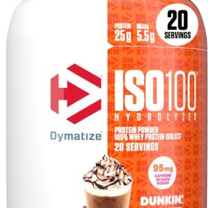 Dymatize x Dunkin’ Mocha Latte ISO100 Whey Protein Powder, 95mg Caffeine, 25g of Protein, 20 Servings, 5.5g BCAAs, 120 Cal., Gluten Free, 1g Fat, 1g Sugar, 3g Carb