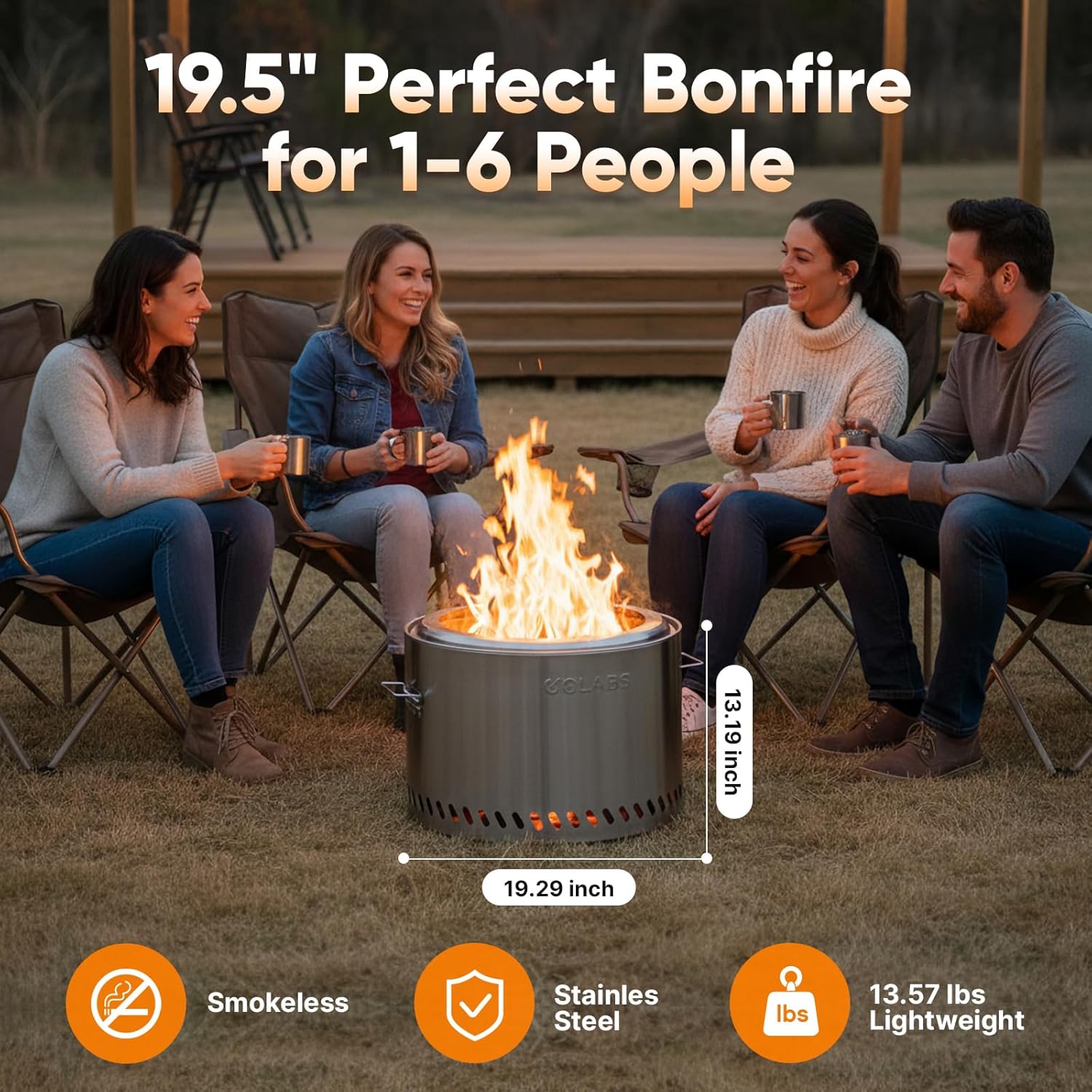 Golabs Smokeless Fire Pit 19.5", Portable with Handle, Stainless Steel Outdoor Firepit with Removable Ash Pan & Fire Poker, Easy to Clean, Efficient Heating & Less Ash, Perfect for Backyard & Camping - Image 4