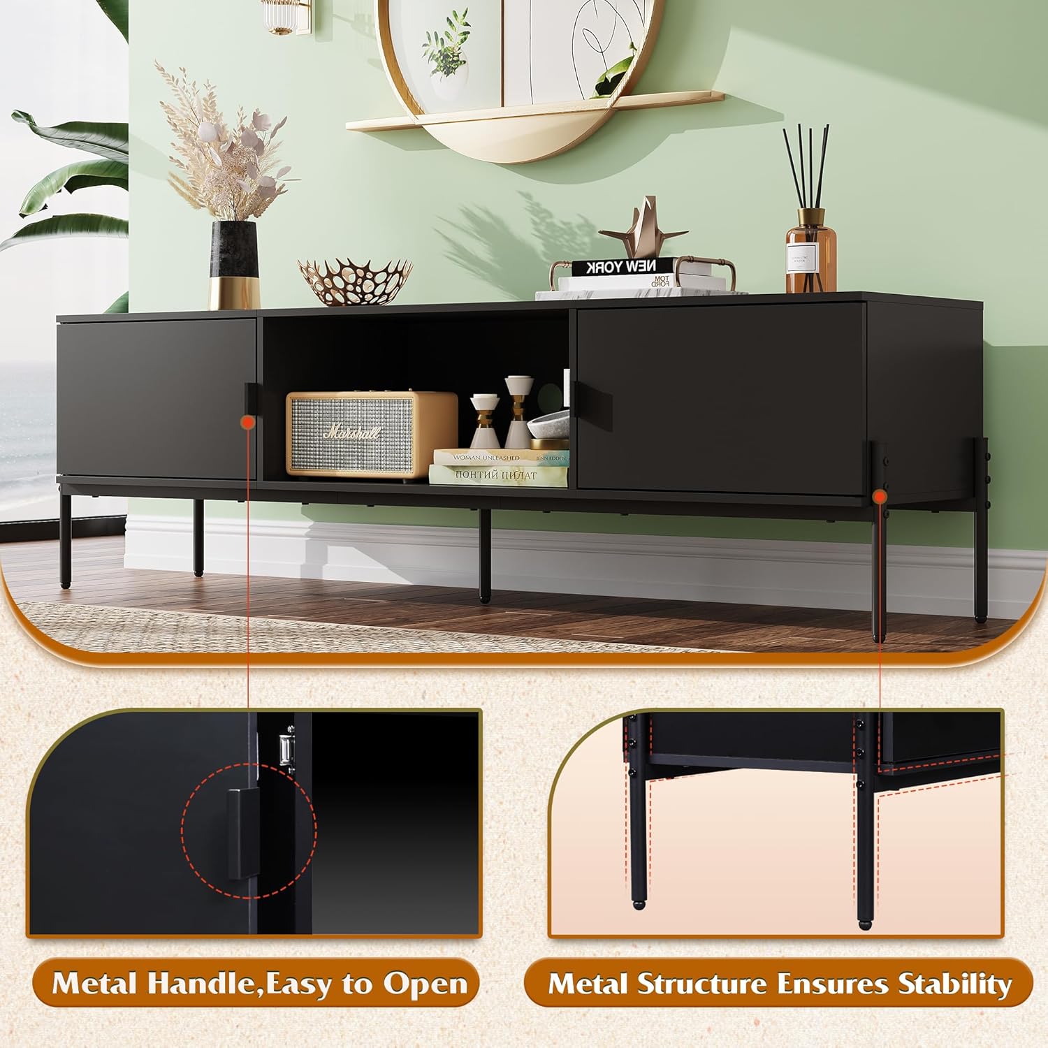 WLIVE TV Stand for 65 Inch TV, Mid Century Modern Entainment Center with 2 Storage Cabinets & Open Shelf, TV Console Table Media with Metal Legs for Living Room, Bedroom, Black - Image 5