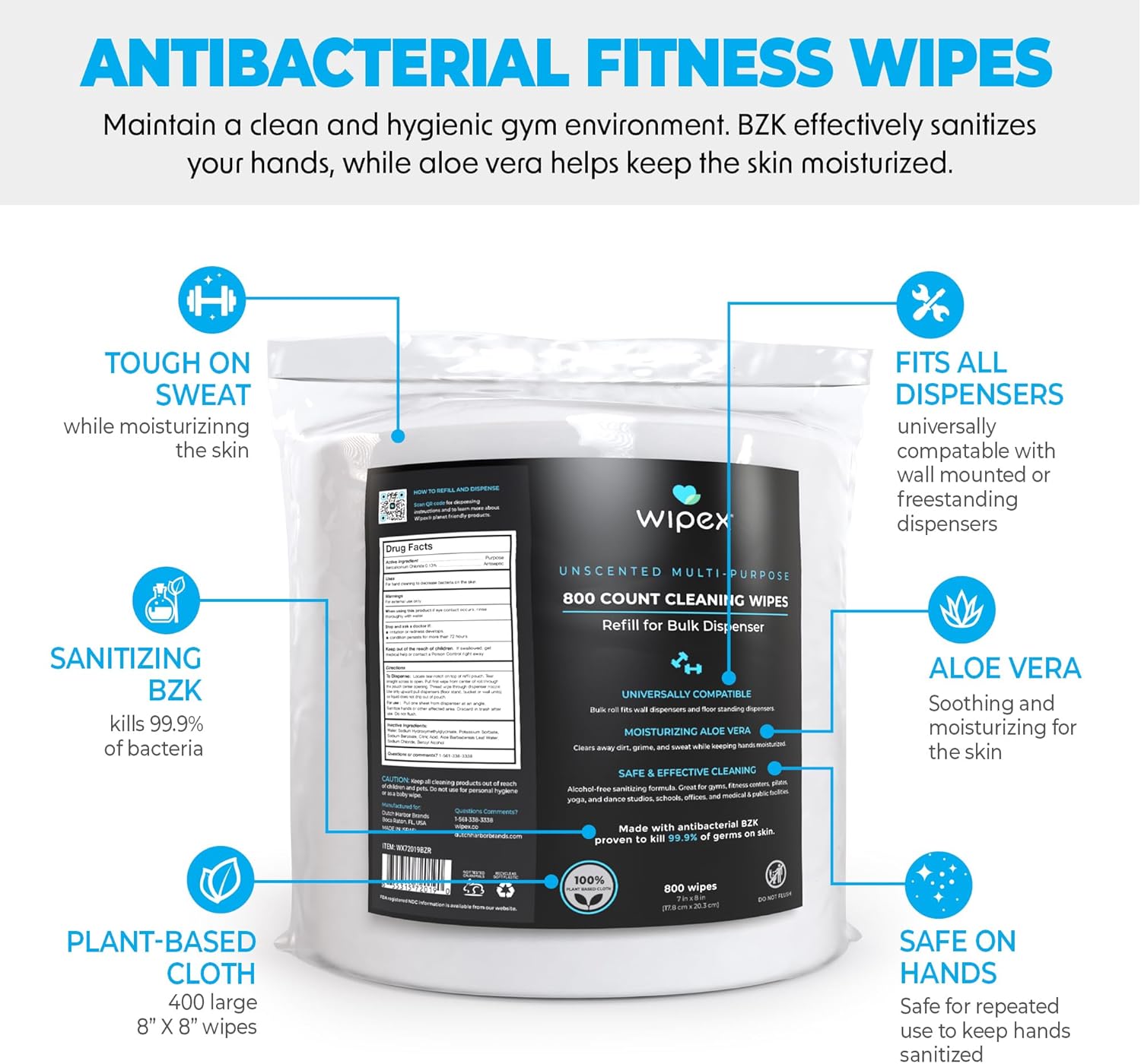 Wipex Gym & Fitness Wipes, 800 ct with BZK Antiseptic Refill Roll for Dispensers 2 Packs (1600 Wipes) - Image 2