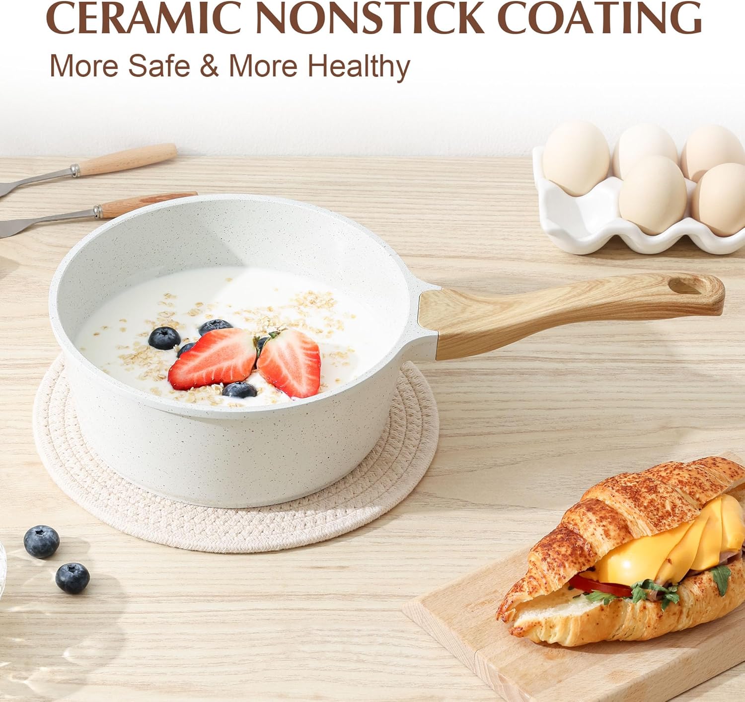 SENSARTE White Ceramic Nonstick Saucepan with Lid 1.5 Quarts, Small Cooking Pot with Stay Cool Handle, Induction Compatible Saucepot, White Granite Coating, Free of Intentionally Added PTFE/PFOA/PFAS - Image 7