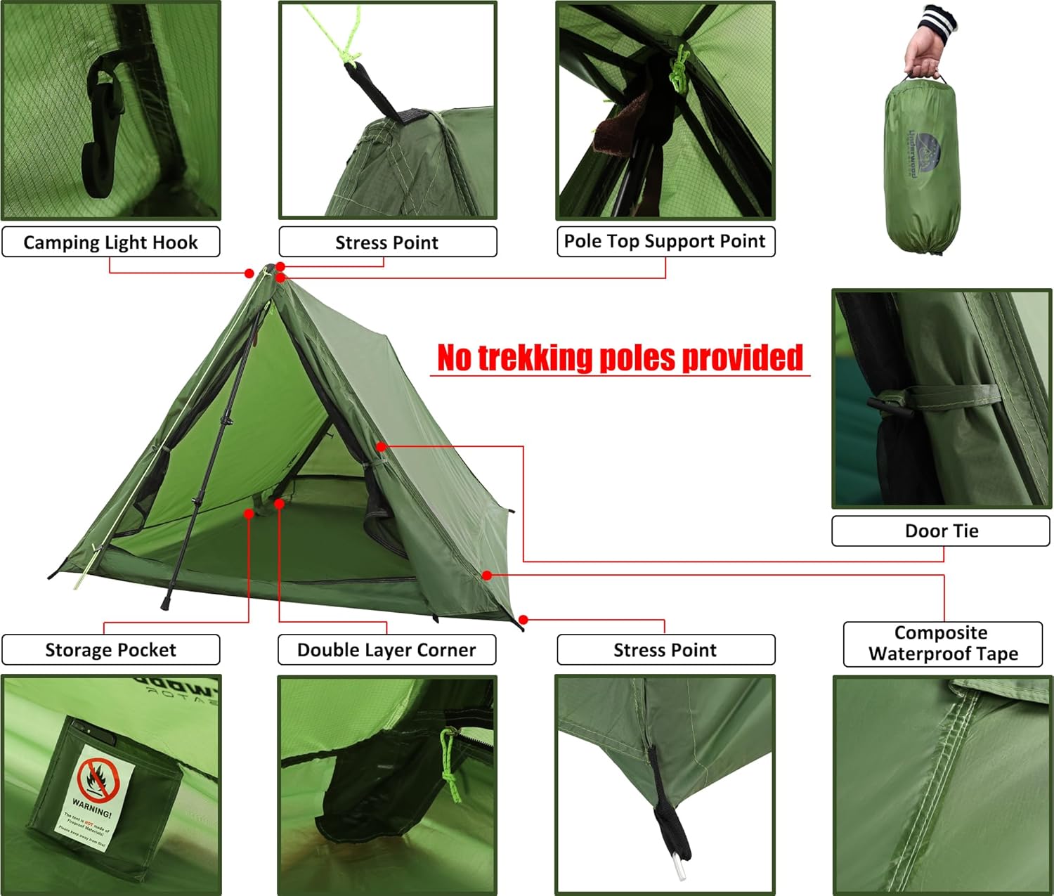 2-Person Trekking Pole Tent for Backpacking - Ultralight A-Frame Backpacking Tent, Two Person Waterproof Hiking Tent for Camping, Lightweight Camping Tent for Scouts, Trekker (No Poles) - Image 5
