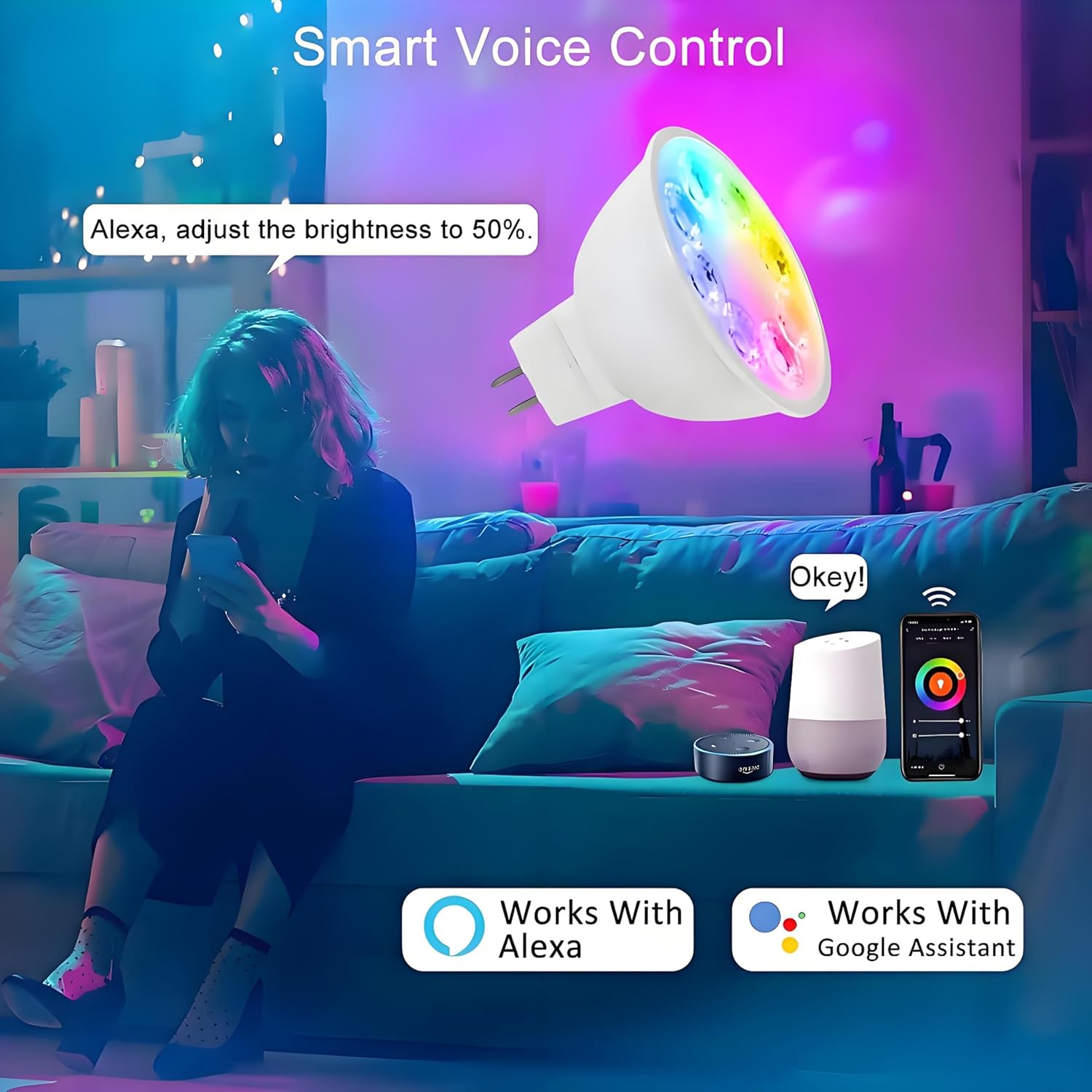 Smart MR16 LED Bulb Dimmable Color Changing, 12V Gu5.3 Bi-pin Base, WiFi & Bluetooth LED Bulbs Work with Alexa Google, Color Changing Sync with Music, for Living Room, Bedroom, Office,Hotel etc. 2Pack - Image 5