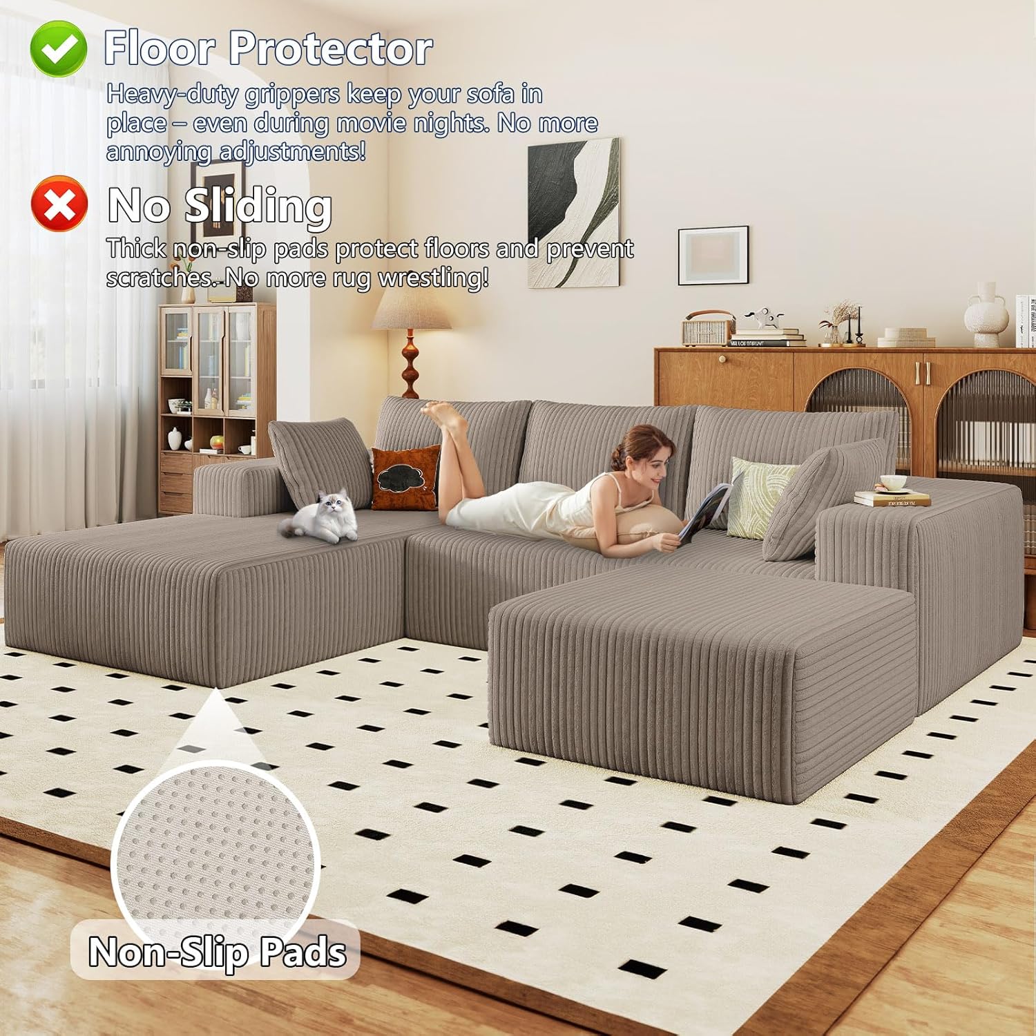 96" Modular Sectional Sofa with Ottoman, Modern Corduroy Cloud Couch with Deep Seat, Boneless Couch Upholstered 3-Seater U-Shaped Sofa for Living Room, No Assembly (Camel, Left-Facing Chaise) - Image 7