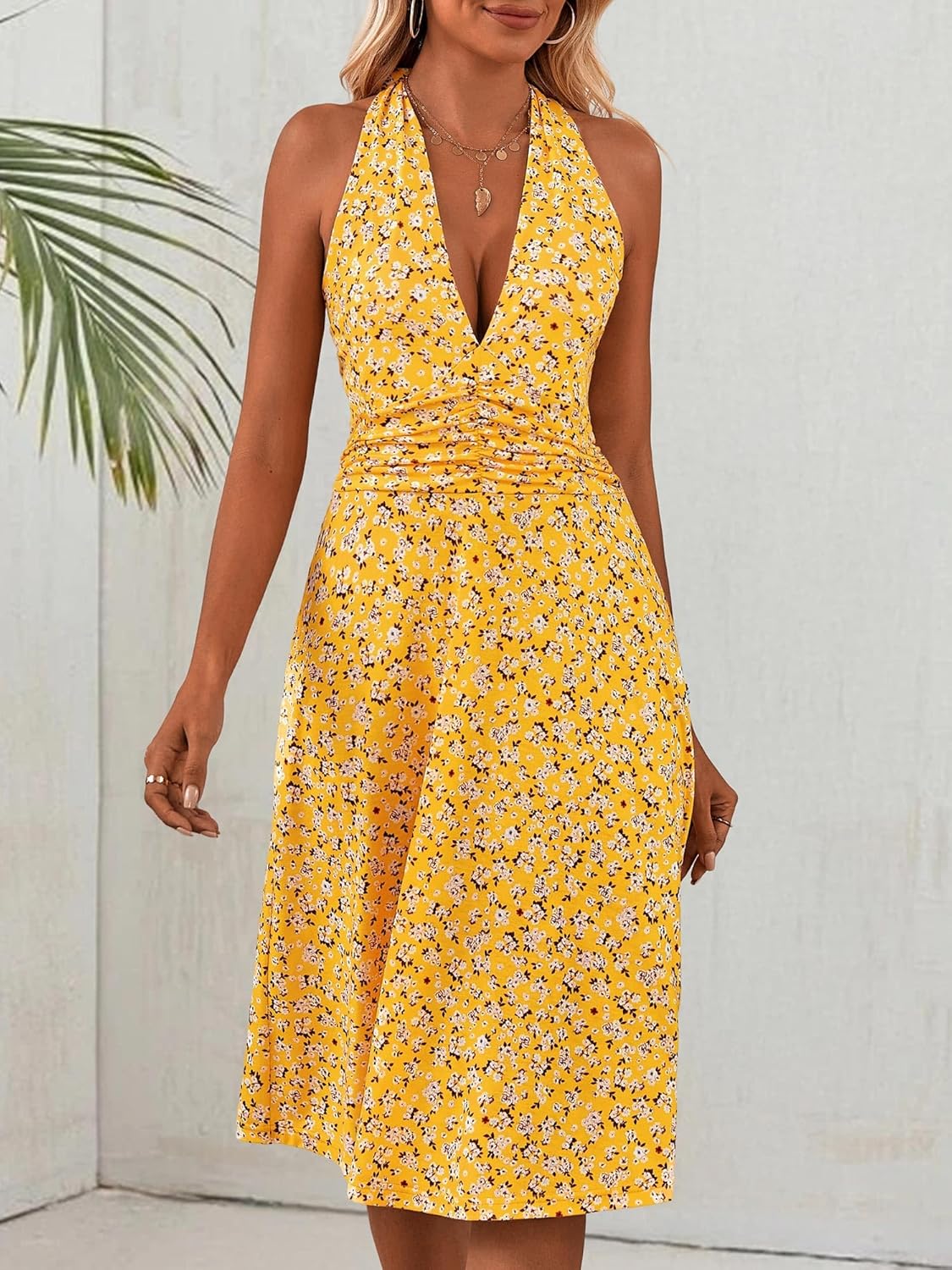 HUHOT Women's Summer Sundress Sleeveless Halter Neck Spring 2025 Floral with Pocket Elastic Waist Ruffle Mini Dresses - Image 6