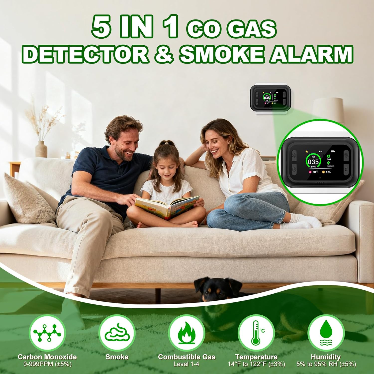 Carbon Monoxide Detector Plug in Wall, 5 in 1 Natural Gas Detector & Smoke Alarm with HD Digital Screen, Portable Smoke Detector for Travel, CO Propane Gas Detector for Home Hotel Camping RV (Black) - Image 2