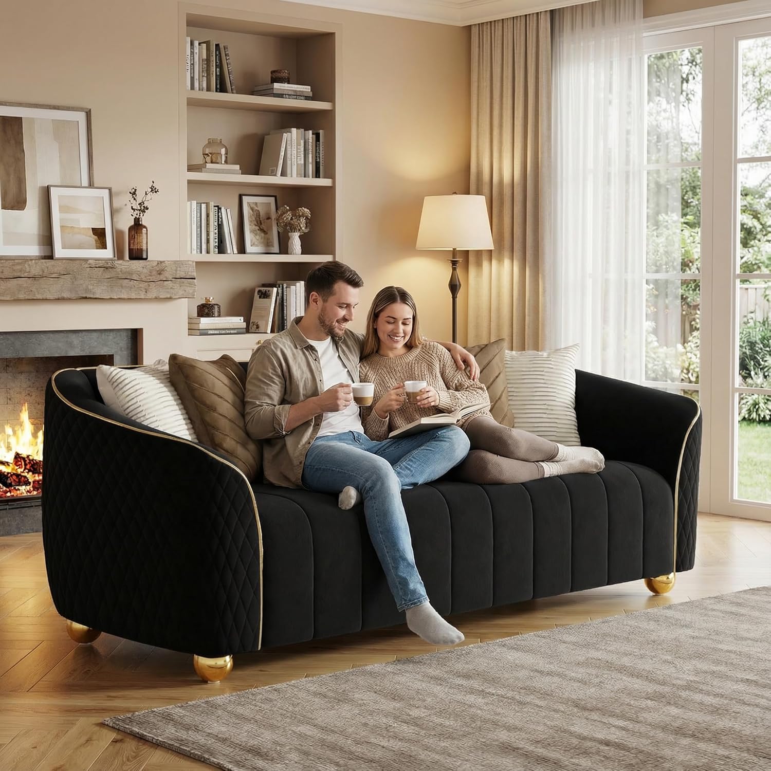 3-Piece Velvet Sofa Set - 85" 3-Seater Sofa & 2 Upholstered Armchairs, Modern Plush Spring Cushions, Solid Wood Frames, Spacious Deep Seats for Family Room & Office (Black, 1S+1S+3S) - Image 7