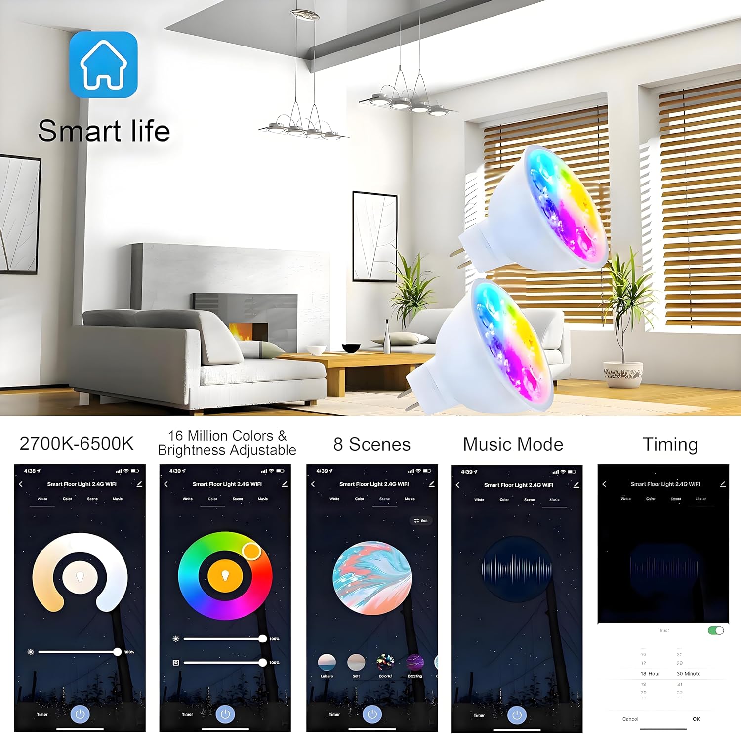 Smart MR16 LED Bulb Dimmable Color Changing, 12V Gu5.3 Bi-pin Base, WiFi & Bluetooth LED Bulbs Work with Alexa Google, Color Changing Sync with Music, for Living Room, Bedroom, Office,Hotel etc. 2Pack - Image 8