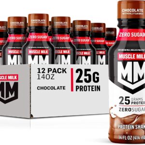 Muscle Milk Genuine Protein Shake, Chocolate, 14 Fl Oz Bottle, 12 Pack, 25g Protein, Zero Sugar, Calcium, Vitamins A, C & D, 6g Fiber, Energizing Snack, Workout Recovery, Packaging May Vary